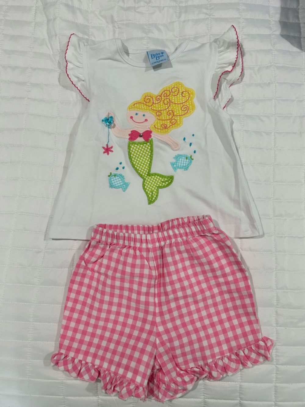 The Bailey Boys White Mermaid Top & Pink Gingham Shorts Kids Set